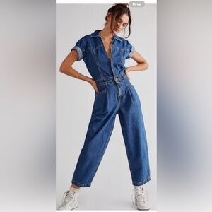 Free People Denim Wide Leg Jumpsuit in Blue